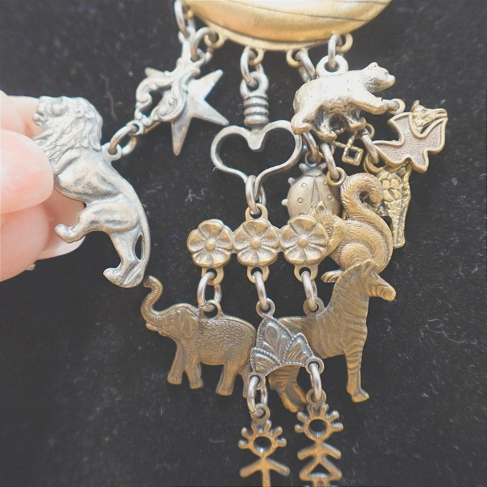 Vintage Noah's‎ Ark Brooch or Pendant Bronze & Silver Tone 4 inch Dangle Jewelry